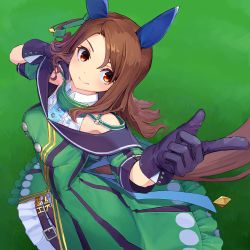 Rule 34 | 1girl, animal ears, black gloves, blush, breasts, brown hair, buttons, closed mouth, clothing cutout, coat, collared shirt, double-breasted, ear covers, gloves, grass, green coat, hand in own hair, highres, horse ears, horse girl, horse tail, king halo (umamusume), kogomiza, looking at viewer, medium breasts, pointing, pointing at viewer, red eyes, shirt, short sleeves, sleeveless, sleeveless shirt, smile, solo, standing, tail, tail through clothes, umamusume, white shirt