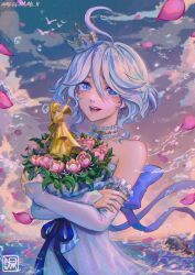 Rule 34 | 1girl, blue bow, blue eyes, bouquet, bow, cloud, commentary, cowlick, crossed arms, crown, crying, crying with eyes open, detached sleeves, dress, drop-shaped pupils, english commentary, falling petals, flower, furina (genshin impact), genshin impact, gradient sky, grey choker, heterochromia, highres, holding, holding bouquet, huge bow, izzycrownart, looking at viewer, mini crown, open mouth, petals, purple sky, red sky, short hair, sky, solo, symbol-shaped pupils, tears, teeth, trophy, twitter username, upper body, water, wavy hair, white dress, white sleeves