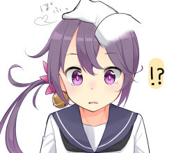 Rule 34 | !?, 10s, 1girl, admiral (kancolle), akebono (kancolle), bad id, bad pixiv id, bell, flower, gloves, hair bell, hair flower, hair ornament, hand on another&#039;s head, head pat, headpat, jingle bell, kantai collection, max melon, neckerchief, open mouth, purple eyes, sailor collar, school uniform, serafuku, side ponytail, simple background, surprised, tears, upper body, wavy mouth, white background, white gloves