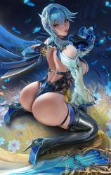 Rule 34 | 1girl, artist name, ass, bare shoulders, blue hair, blush, boots, breasts, cape, eula (genshin impact), from behind, genshin impact, gloves, greatsword, hair ornament, hairband, high heel boots, high heels, highres, huge ass, large breasts, leotard, long hair, looking at viewer, looking back, purple eyes, rached, shiny clothes, shiny skin, sideboob, sitting, smile, solo, sword, thigh boots, thighhighs, thong, thong leotard, wariza, weapon