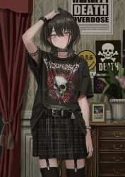 Rule 34 | 1girl, absurdres, arm at side, arm up, armlet, band shirt, belt, black hair, black shirt, black skirt, black thighhighs, blush, bracelet, choker, crossed bangs, curtains, ear piercing, earrings, emo fashion, english text, flower pot, garter straps, gishiki (gshk), goth fashion, gothic fashion, green eyes, hair between eyes, hair ornament, hairclip, hand in own hair, highres, indoors, jewelry, looking at viewer, medium hair, merchandise, original, photo (object), picture frame, piercing, plaid, plaid skirt, plant, pleated skirt, poster (object), potted plant, profanity, punkish gothic, ring, shirt, shirt partially tucked in, skirt, skull, solo, spiked armlet, spiked choker, spikes, split mouth, tassel, thighhighs, wallpaper (object), watch