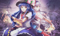 Rule 34 | 2girls, blouse, blue hair, blue skirt, bow, bowtie, bracelet, commentary request, fire, food, from side, fruit, fujiwara no mokou, hair bow, hat, highres, hinanawi tenshi, holding, holding sword, holding weapon, jewelry, leaf, long hair, multiple girls, open mouth, pants, parted lips, peach, petticoat, plant, profile, puffy short sleeves, puffy sleeves, red bow, red eyes, red neckwear, red pants, shirt, shometsu-kei no teruru, short sleeves, sidelocks, silver hair, skirt, smile, sword, sword of hisou, touhou, very long hair, weapon, white shirt, white bow, white shirt