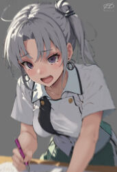 Rule 34 | 1girl, adapted costume, ahoge, akitsushima (kancolle), blurry, breasts, collared shirt, depth of field, dress shirt, earrings, green skirt, grey background, grey eyes, grey hair, haruto (harut n), jewelry, kantai collection, leaning forward, long hair, military uniform, one-hour drawing challenge, open mouth, pen, shirt, side ponytail, sidelocks, skirt, small breasts, solo, uniform, white shirt, writing