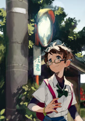 Rule 34 | 1girl, :3, androgynous, backpack, bag, beads, black-framed eyewear, bow, bracelet, brown eyes, brown hair, building, collared shirt, glasses, holding strap, jewelry, layered clothes, linaria (ookinahitomi), looking away, looking to the side, mirror, neck ribbon, original, outdoors, pleated skirt, ribbon, school uniform, shirt, short hair, short sleeves, sign, skirt, smile, solo, sunlight, traffic mirror, tree, utility pole, very short hair, walking, white shirt