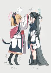 Rule 34 | 2girls, absurdly long hair, animal ear headphones, animal ears, animal hood, aris (blue archive), arm up, arrow (symbol), black hairband, black skirt, black socks, black thighhighs, blue archive, bow, collared shirt, commentary request, fake animal ears, gomennasai, grey background, hairband, halo, headpat, headphones, height difference, highres, hood, hood down, hooded jacket, jacket, long hair, long sleeves, momoi (blue archive), multiple girls, no shoes, one side up, open clothes, open jacket, pleated skirt, puffy long sleeves, puffy sleeves, red bow, shadow, shirt, simple background, skirt, sleeves past wrists, socks, tail, thighhighs, tiptoes, trembling, very long hair, white jacket, white shirt, wide sleeves