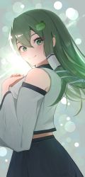 Rule 34 | 1girl, absurdres, bare shoulders, blue skirt, blurry, bokeh, closed mouth, commentary, cowboy shot, depth of field, detached sleeves, frog hair ornament, green eyes, green hair, hair ornament, hands on own chest, highres, kochiya sanae, long hair, looking at viewer, looking back, own hands together, palulap, shirt, single hair tube, skirt, sleeveless, sleeveless shirt, smile, snake hair ornament, solo, sunlight, touhou, white shirt, white sleeves, wide sleeves