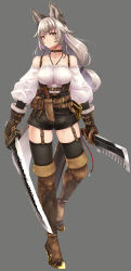 Rule 34 | 1girl, absurdres, animal ears, bare shoulders, belt, belt collar, black skirt, black thighhighs, boots, breasts, brown footwear, brown gloves, closed mouth, collar, commentary request, dual wielding, eyebrows, full body, garter straps, gloves, grey background, haiiro gundan, highres, holding, holding sword, holding weapon, knife, long hair, looking at viewer, medium breasts, miniskirt, original, pouch, sheath, silver hair, simple background, skirt, solo, standing, standing on one leg, sword, thighhighs, weapon, yellow eyes