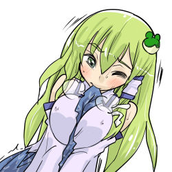 Rule 34 | 1girl, bare shoulders, blush, breast press, breasts squeezed together, breasts, clothes lift, detached sleeves, female focus, frog hair ornament, green eyes, green hair, hair ornament, hair tubes, kochiya sanae, large breasts, long hair, matching hair/eyes, mouth hold, seki (red shine), skirt, skirt lift, smile, snake, solo, sweat, touhou, trembling, wince