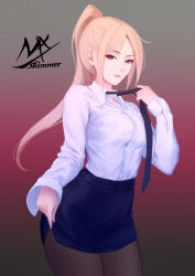 Rule 34 | 1girl, artist name, black necktie, black pantyhose, blonde hair, blue skirt, breasts, closed mouth, collared shirt, dress shirt, gradient background, grey background, hand up, high ponytail, highres, long hair, long sleeves, looking at viewer, medium breasts, necktie, nekomata, office lady, original, pantyhose, parted bangs, pencil skirt, ponytail, purple eyes, red background, shimmer, shirt, signature, skirt, sleeves past wrists, smile, solo, very long hair, white shirt