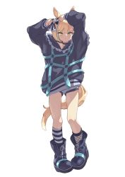 Rule 34 | 1girl, absurdres, adjusting bow, animal ears, asymmetrical legwear, blonde hair, blue footwear, blue shirt, blush, boots, bow, closed mouth, collar, fishnet legwear, fishnets, frilled shirt collar, frills, frown, green eyes, hair bow, highres, horse ears, horse girl, horse tail, little cocon (umamusume), long sleeves, looking at viewer, mismatched legwear, multicolored hair, shirt, shorts, simple background, socks, solo, streaked hair, striped clothes, striped legwear, striped socks, tail, umamusume, v-shaped eyebrows, white background, yoshida pino