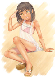 Rule 34 | 1girl, arm support, babydoll, bikini, brown eyes, brown hair, commentary request, flat chest, highres, looking at viewer, open mouth, original, red bikini, sandals, see-through, short hair, side-tie bikini bottom, sitting, smile, solo, swimsuit, tan, tanline, toes, uzuki mei, white babydoll