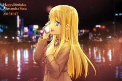 Rule 34 | 10s, 1girl, 2015, :d, alessandra susu, blonde hair, blue eyes, blurry, blush, brown coat, buttons, cellphone, character name, city lights, coat, crying, crying with eyes open, dated, depth of field, from side, hand on own chest, happy birthday, highres, holding, holding phone, long hair, long sleeves, matatabi kikuno, night, night sky, open mouth, outdoors, phone, reflection, signature, sky, skyline, smartphone, smile, solo, tears, tokyo 7th sisters, upper body, water