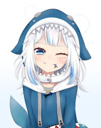 Rule 34 | 1girl, :p, animal, animal hood, bloop (gawr gura), blue eyes, blue hair, blue hoodie, bubble, commentary, drawstring, eating, english commentary, fang, fang out, fins, fish bone, fish tail, flipped hair, gawr gura, gawr gura (1st costume), hololive, hololive english, hood, hood up, hoodie, long hair, long sleeves, looking at viewer, mouth hold, multicolored hair, p ion, shark, shark hood, shark tail, smile, streaked hair, tail, tongue, tongue out, two-tone hair, upper body, virtual youtuber, white background, white hair