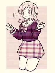 Rule 34 | 1girl, :&lt;, puff of air, bigwaterblue, bow, bowtie, checkered clothes, checkered skirt, clenched hands, commentary request, cropped legs, dot nose, hands up, idolmaster, idolmaster shiny colors, long sleeves, looking ahead, miniskirt, sailor collar, sakuragi mano, sepia, shirt, short hair, skirt, solo, thighs, v-shaped eyebrows