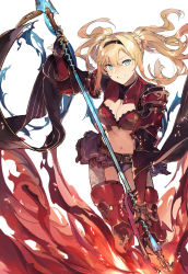 Rule 34 | 10s, 1girl, armor, belt, bikini armor, blonde hair, blue eyes, braid, breasts, cleavage, cleavage cutout, clothing cutout, duoyuanjun, female focus, fire, granblue fantasy, grin, hair intakes, hairband, highres, holding, holding weapon, large breasts, long hair, navel, polearm, red armor, red thighhighs, simple background, smile, solo, spear, thighhighs, twin braids, twintails, weapon, white background, zeta (granblue fantasy)