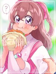 Rule 34 | 1girl, ?, blurry, blurry background, blush, burger, close-up, closed mouth, delicious party precure, eating, folded napkin, food, food on face, frilled shirt, frills, hair ornament, highres, holding, holding food, long sleeves, miri (crafimiri), nagomi yui, napkin, onigiri print, precure, shirt, solo focus, twintails, two-tone eyes, vest, watch, wristwatch