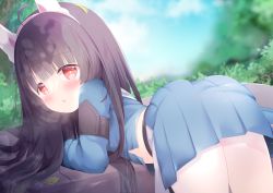 Rule 34 | 1girl, ahoge, ass, black hair, blue archive, blue shirt, blue skirt, blue sky, blurry, blurry background, blush, cloud, commentary, day, depth of field, english commentary, from behind, headgear, leaf, leaf on head, long hair, long sleeves, looking at viewer, looking back, miyu (blue archive), navel, outdoors, pantyhose, parted lips, pleated skirt, red eyes, renew vivi, shirt, skirt, sky, solo, very long hair