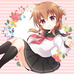 Rule 34 | 1girl, anchor symbol, anniversary, black sailor collar, black skirt, black socks, brown hair, commentary request, flower, folded ponytail, full body, inazuma (kancolle), kantai collection, kashiwadokoro, kneehighs, long hair, looking at viewer, neckerchief, pink background, red eyes, red neckerchief, sailor collar, school uniform, serafuku, skirt, socks, solo, striped, striped background