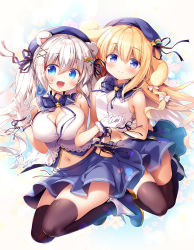 Rule 34 | 2girls, :d, animal ears, bare arms, bare shoulders, bear ears, beret, black legwear, blonde hair, blue eyes, blue ribbon, blue skirt, breasts, cleavage, commentary request, gloves, hair between eyes, hair ornament, hair ribbon, hairclip, hat, highres, holding hands, large breasts, long hair, looking at viewer, multiple girls, navel, open mouth, original, purple eyes, ribbon, sasai saji, shirt, signature, skirt, sleeveless, sleeveless shirt, small breasts, smile, thighhighs, twintails, very long hair, white gloves, white hair, white shirt, x hair ornament, zettai ryouiki