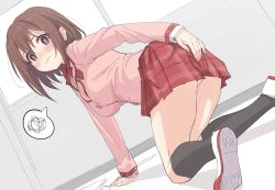 Rule 34 | 1girl, @ @, black socks, blush, breasts, brown hair, embarrassed, hand on own ass, highres, large breasts, looking at viewer, princess connect!, school uniform, sincos, skirt, socks, solo, underwear, yui (princess connect!), yui (real) (princess connect!)