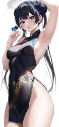 Rule 34 | 1girl, absurdres, arm up, armpits, black dress, black eyes, black hair, blue archive, blush, breasts, bug, butterfly, butterfly on hand, china dress, chinese clothes, double bun, dragon print, dress, furizuu20, hair bun, halo, highres, insect, kisaki (blue archive), long hair, looking at viewer, medium breasts, no panties, parted lips, side slit, simple background, sleeveless, sleeveless dress, solo, thighs, white background