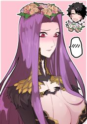 Rule 34 | 1boy, 1girl, black hair, blush, breasts, cleavage, closed eyes, fate/grand order, fate (series), flower, fujimaru ritsuka (male), gorgon (fate), lips, long hair, medusa (fate), medusa (rider) (fate), open mouth, pink eyes, purple hair, rider, scales, short hair, simple background