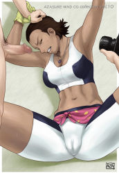 Rule 34 | 1girl, 2boys, armpits, arms up, azasuke, bike shorts, breasts, brown hair, cameltoe, camera, censored, clenched teeth, clothes around waist, covered erect nipples, dark skin, eureka seven, eureka seven (series), closed eyes, gloves, grabbing another&#039;s hair, hand on head, highres, hilda (eureka seven), jewelry, lying, midriff, multiple boys, navel, necklace, on back, penis, pubic hair, rape, shorts, skin tight, spandex, spread legs, sweat, sweater, sweater around waist, tank top, teeth