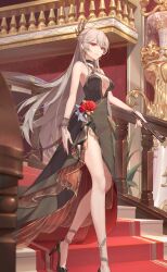 Rule 34 | 1girl, absurdres, bare shoulders, black dress, breasts, cleavage, crazy ones, dress, flower, formal, grey hair, high heels, highres, large breasts, long hair, official art, red carpet, red eyes, red flower, red rose, rose, solo, stairs, stiletto heels, walking, xia bing (crazy ones)