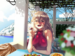 Rule 34 | 1girl, blue sky, breasts, chair, cliff, cloud, cup, day, drinking glass, flower, food, grey eyes, grey hair, hair between eyes, hair flower, hair ornament, highres, holding, holding cup, igarashi mangou, kantai collection, medium breasts, ocean, outdoors, plate, pola (kancolle), shirt, sitting, sky, sleeveless, sleeveless shirt, solo, table, thick eyebrows, wavy hair, white flower, wine glass