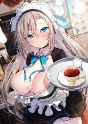 Rule 34 | 1girl, adjusting clothes, apron, asuna (blue archive), blue archive, blue bow, blue bowtie, blue eyes, blue ribbon, blush, bow, bowtie, breasts, choker, cleavage cutout, clothing cutout, commentary request, cup, detached collar, dress, frilled apron, frilled hairband, frills, grin, hair between eyes, hair ribbon, hairband, halo, highres, holding, holding plate, indoors, large breasts, light brown hair, long hair, looking at viewer, maid, maid apron, mole, mole on breast, nidaime (doronbo), plate, pleated dress, ribbon, saucer, smile, solo, teacup, teaspoon, thighhighs, white apron, white hairband, white thighhighs, wing collar
