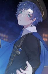 Rule 34 | 10 io, 1boy, aqua eyes, astel leda, beckoning, black hat, black jacket, blue cape, blue hair, blue necktie, blurry, blurry background, cape, collared shirt, curtained hair, from side, hat, highres, holostars, jacket, light particles, looking at viewer, looking to the side, male focus, multicolored hair, necktie, official alternate costume, parted lips, peaked cap, shirt, short hair, solo, streaked hair, upper body, virtual youtuber, white shirt