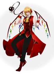 Rule 34 | 1boy, 2dio9gwjal28761, absurdres, ascot, blonde hair, crystal wings, flandre scarlet, full body, genderswap, genderswap (ftm), hair ribbon, highres, laevatein (touhou), male focus, open mouth, red ribbon, ribbon, simple background, solo, touhou, white background, yellow ascot