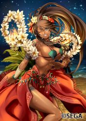 Rule 34 | 10s, 1girl, ;), abs, arm tattoo, bare shoulders, beach, bead bracelet, beads, bikini, blue eyes, blurry, bouncing breasts, bracelet, breasts, brown hair, chain chronicle, cleavage, dancer, dancing, dark-skinned female, dark skin, depth of field, facial tattoo, female focus, flower, flower hair ornament, flower necklace, flower ring, flower wreath, green bikini, green bracelet, grin, hair flower, hair ornament, i-la, jewelry, kiora (chain chronicle), kneecaps, large breasts, leaf, leg tattoo, lei, linea alba, long hair, looking at viewer, multiple necklaces, navel, necklace, night, night sky, official art, one eye closed, original, palm leaf, pelvic curtain, ponytail, pubic tattoo, red sarong, ribs, sarong, shell, shell bikini, shiny skin, shoulder tattoo, sideboob, sky, smile, solo, star (sky), starry sky, stomach, sweat, swimsuit, tattoo, arm tattoo, tattoo on legs, teeth, toned, toned female, toned stomach, torch, underboob, very long hair, wink