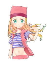 Rule 34 | 1girl, blonde hair, blouse, child, digimon, digimon frontier, green eyes, navel, orimoto izumi, shirt, solo, striped clothes, striped shirt, transparent background