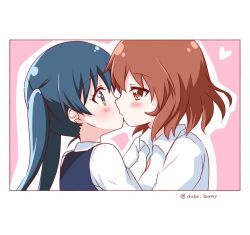 Rule 34 | 2girls, blue eyes, blue hair, blue sweater vest, blush, border, brown eyes, brown hair, collared shirt, commentary request, eye contact, from side, heart, highres, inokuma youko, kin-iro mosaic, kiss, komichi aya, long hair, looking at another, multiple girls, outline, pink background, profile, school uniform, shirt, short hair, sweater vest, twintails, twitter username, upper body, usagi koushaku, white border, white outline, white shirt, yuri