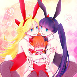 Rule 34 | 10s, 1boy, 2girls, animal ears, bare shoulders, blonde hair, blue eyes, blush, breasts, brief (psg), cleavage, crossdressing, faceless, faceless male, long hair, multicolored hair, multiple girls, open mouth, orange hair, panty &amp; stocking with garterbelt, panty (psg), pantyhose, pink hair, playboy bunny, purple hair, short hair, smile, stocking (psg), tail