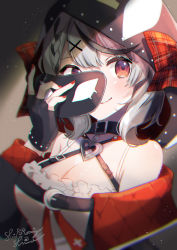 Rule 34 | 1girl, absurdres, animal hood, bare shoulders, black collar, black hair, blush, breasts, camisole, chromatic aberration, cleavage, collar, eye mask, fingerless gloves, frilled camisole, frills, gloves, hair ornament, heart collar, heart pendant, highres, holding, holding mask, hololive, holox, hood, hood up, large breasts, looking at viewer, looking to the side, mask, unworn mask, medium hair, multicolored hair, nail polish, off-shoulder jacket, off shoulder, orca hood, red eyes, sakamata chloe, shinomiya shino (sinosino141), silver hair, smile, solo, streaked hair, stuffed orca, virtual youtuber, white camisole, x hair ornament