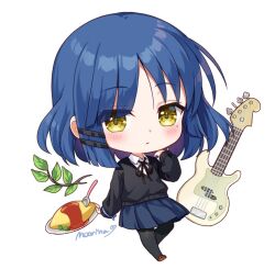 Rule 34 | 1girl, artist name, bass guitar, black pantyhose, black ribbon, black sweater, blue hair, blue skirt, blush, bocchi the rock!, brown footwear, chibi, closed mouth, collared shirt, commentary request, dark blue hair, expressionless, eyelashes, fender precision bass, food, full body, guitar, hair ornament, hairclip, hand up, instrument, leaf, long sleeves, looking at viewer, mole, mole under eye, moorina, neck ribbon, omelet, omurice, pantyhose, parted bangs, plate, pleated skirt, ribbon, school uniform, shimokitazawa high school uniform, shirt, shoes, short hair, sidelocks, signature, simple background, skirt, solo, spoon, sweater, twig, white background, white shirt, wing collar, yamada ryo, yellow eyes