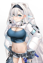 1girl animal_ears arknights aurora_(arknights) bear_ears black_gloves black_hairband black_shirt blue_eyes blue_shirt blush breasts cleavage cowboy_shot crop_top gloves gradient_background grey_background hair_between_eyes hairband hands_on_own_hips highres large_breasts long_hair long_sleeves looking_at_viewer midriff navel pouch shirt short_shorts shorts shrug_(clothing) solo standing stomach thighs very_long_hair white_hair white_shorts yokaze_(yokajie)