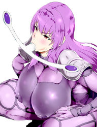 Rule 34 | 1girl, blush, bodysuit, breasts, censored, covered erect nipples, curvy, eyelashes, fate/grand order, fate (series), female focus, huge breasts, kneeling, long hair, looking down, mozu-k, purple hair, red eyes, scathach (fate), shiny skin, shoulder pads, solo, spread legs, sweat, wide hips
