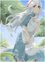 Rule 34 | 1girl, apron, blue dress, dress, forest, full body, hair ribbon, hairband, highres, kagerou project, kozakura marry, long hair, looking at viewer, nature, pink eyes, pink hairband, pink ribbon, ribbon, river, short sleeves, sky, solo, standing, suehachi (hikage), sunlight, tree, very long hair, water, white apron, white hair