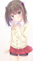 Rule 34 | 1girl, alternate costume, arm at side, blush, brown hair, casual, closed mouth, collared shirt, cowboy shot, eyes visible through hair, female focus, fingernails, hair between eyes, hand up, head tilt, highres, jacket, kantai collection, looking at viewer, medium hair, miniskirt, pleated skirt, red skirt, segaxtu, shirt, shy, simple background, skirt, sleeves past wrists, smile, solo, standing, taihou (kancolle), thigh gap, white background, white shirt, yellow eyes, yellow jacket
