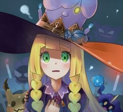 Rule 34 | 1girl, alternate costume, black eyes, blonde hair, blue fire, blush, blush stickers, braid, candle, candy, cosmog, creatures (company), cross, dated, female focus, fire, food, game freak, gastly, gen 1 pokemon, gen 5 pokemon, gen 7 pokemon, graveyard, green eyes, halloween, hand on own chest, hand up, hat, haunter, hukahito, juliet sleeves, legendary pokemon, lillie (pokemon), litwick, long hair, long sleeves, looking at viewer, mimikyu, neck ribbon, nintendo, open mouth, outdoors, parted lips, pokemon, pokemon (creature), pokemon sm, puffy sleeves, rare candy, red ribbon, ribbon, sharp teeth, smile, solo focus, sweat, teeth, tombstone, twin braids, yellow eyes