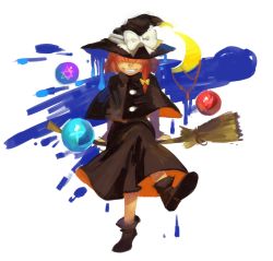 Rule 34 | 1girl, bad id, bad pixiv id, black dress, black footwear, boots, bow, broom, capelet, crescent moon, dress, faux traditional media, full body, hair over eyes, hat, hat bow, kirisame marisa, kirisame marisa (pc-98), crossed legs, moon, saiko67, short hair, story of eastern wonderland, touhou, touhou (pc-98), witch, witch hat