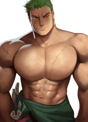 Rule 34 | 1boy, abs, adam&#039;s apple, alternate pectoral size, alternate scar, bara, clothes down, cowboy shot, earrings, green hair, highres, huge pectorals, jewelry, kaysuoae, looking at viewer, male focus, muscular, muscular male, navel, nipples, one piece, roronoa zoro, scar, scar across eye, shiny skin, short hair, sideburns, single earring, smile, solo, sparse chest hair, stitches, stomach, topless male