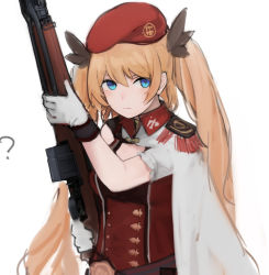 Rule 34 | 1girl, ?, beret, beretta bm 59, blonde hair, blue eyes, bm59 (girls&#039; frontline), breasts, buttons, cape, cleavage, cleavage cutout, clothing cutout, epaulettes, eyebrows, girls&#039; frontline, gloves, gun, hair ribbon, hat, highres, holding, holding gun, holding weapon, rampart1028, ribbon, rifle, twintails, weapon