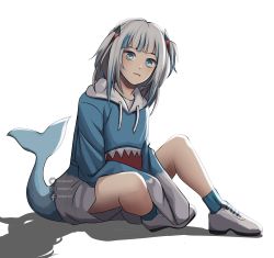 Rule 34 | 1girl, ayoungart, bad id, bad pixiv id, blue eyes, blue hair, blue hoodie, blue socks, closed mouth, facebook logo, facebook username, fins, fish tail, full body, gawr gura, gawr gura (1st costume), highres, hololive, hololive english, hood, hood down, hoodie, instagram logo, instagram username, long sleeves, looking at viewer, multicolored hair, shadow, shark girl, shark tail, shoes, simple background, socks, solo, streaked hair, tail, twitter logo, twitter username, virtual youtuber, white background, white footwear, white hair
