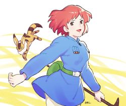 Rule 34 | 1girl, animal, arms at sides, artist name, beige pants, belt, blue tunic, breasts, brown eyes, brown hair, cartridge, earrings, eyelashes, fanny pack, green belt, happy, honoboooono, jewelry, kaze no tani no nausicaa, looking at viewer, medium hair, nausicaa, pants, parted lips, simple background, small breasts, smile, solo, striped, striped background, teto (nausicaa), tunic, two-tone background, white background, yellow background