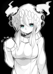 Rule 34 | 10s, 1girl, abyssal ship, adapted costume, aqua eyes, black background, hood, hoodie, kantai collection, long hair, long sleeves, looking at viewer, pale skin, personification, redrose214, silver hair, solo, sweater, teeth, wo-class aircraft carrier