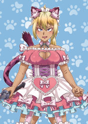 Rule 34 | 1girl, absurdres, animal ears, artist request, bare shoulders, bertrand (female) (kamikatsu), blonde hair, blue background, breasts, cat ears, cat girl, cat tail, cleavage, cleavage cutout, clothing cutout, cowboy shot, dark-skinned female, dark skin, dress, female focus, heart, heart cutout, highres, holding, holding sword, holding weapon, kaminaki sekai no kamisama katsudou, large breasts, long hair, looking at viewer, open mouth, paw print, paw print background, pink dress, ponytail, solo, sword, tail, thighhighs, weapon, zettai ryouiki